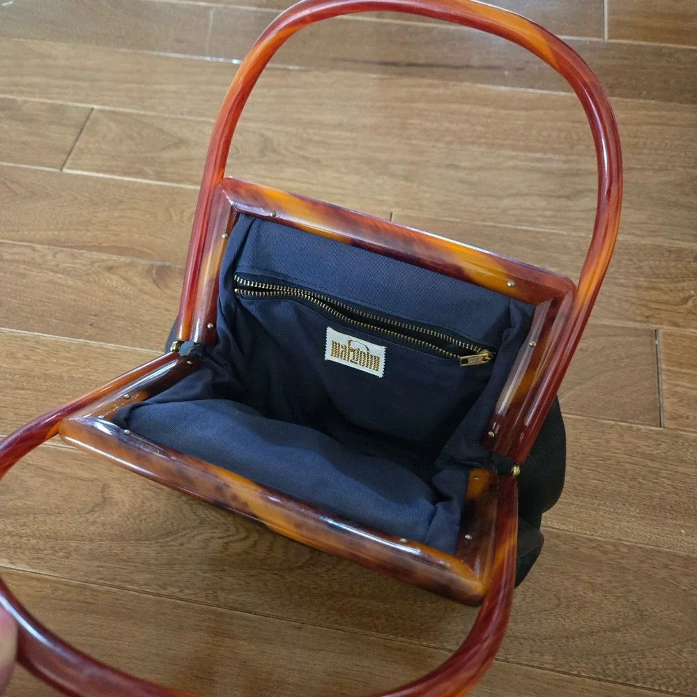 Vintage Marolin Black Leather Handbag Faux Tortoise Lucite Handle Frame MCM Bag